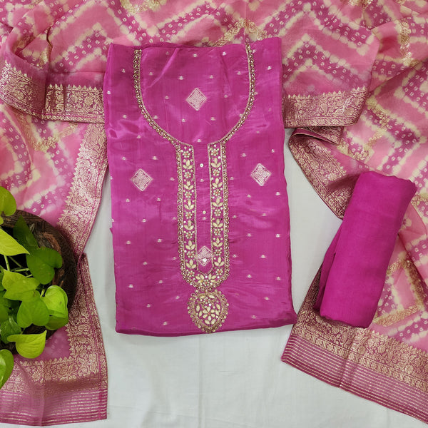 RANISA-Muslin Pink With Heavy Aari Work Yoke Top And Rayon Pink Bottom And Muslin Dupatta Suit