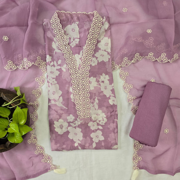 RANISA-Muslin Purple With White With Heavy Emboiderey V Neck Top Purple Rayon Bottom And Organza Emboiderey Work  Dupatta Suit