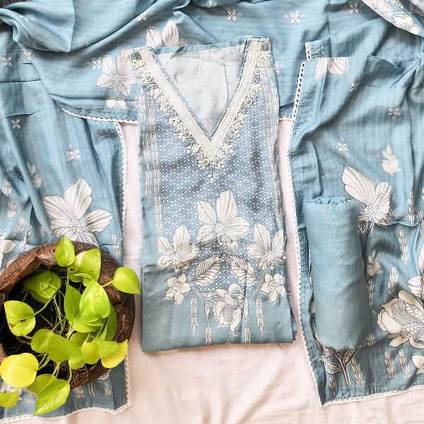 RANISA-Muslin With Light Blue With White Aari Work V Neck  Heavy Design Top And Rayon Blue Plain Bottom And Muslin Dupatta