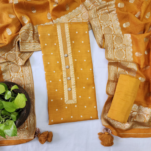 RANISA- Mustard Dola Silk Brocade With Neck Design Top And Cotton Mustard Bottom And Brocade Dupatta