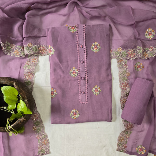 RANISA-Organza Purple With Neck Design Top And Purple Rayon Bottom And Organza With Emboiderey Border Dupatta Suit