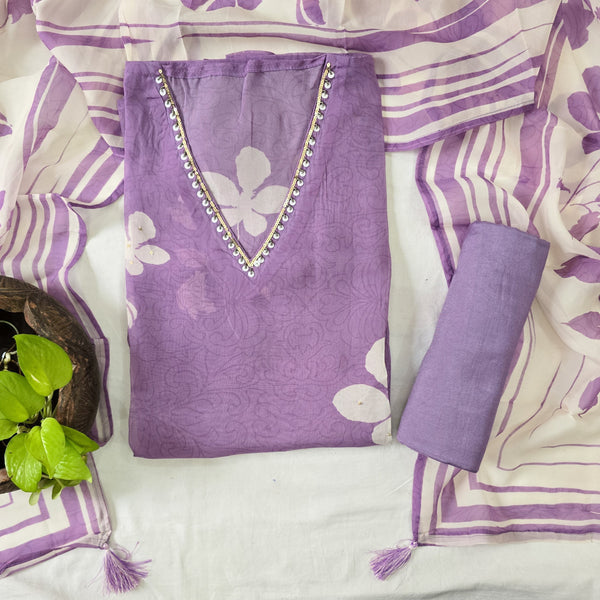 RANISA- Organza Purple With White Flower Aari Work Vneck Top And Rayon Purple Bottom And Organza Dupatta