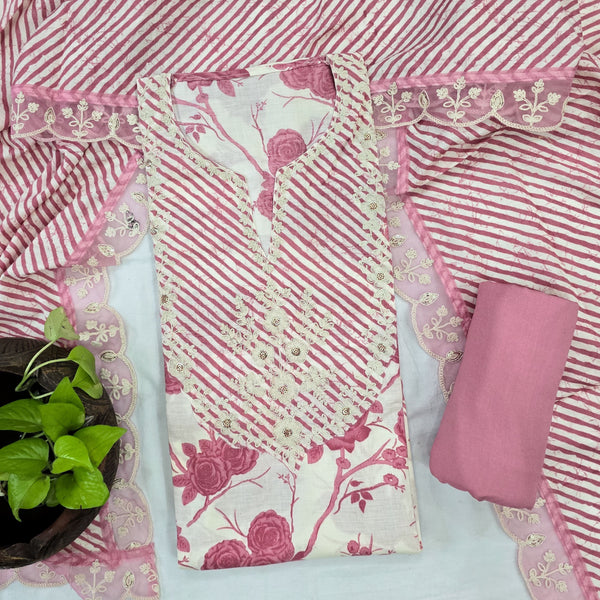 RANISA-Pure Cotton Cream With Pink And Emboiderey Yoke Top And Rayon Pink Bottom And Cotton Dupatta With Net Emboiderey Border Suit