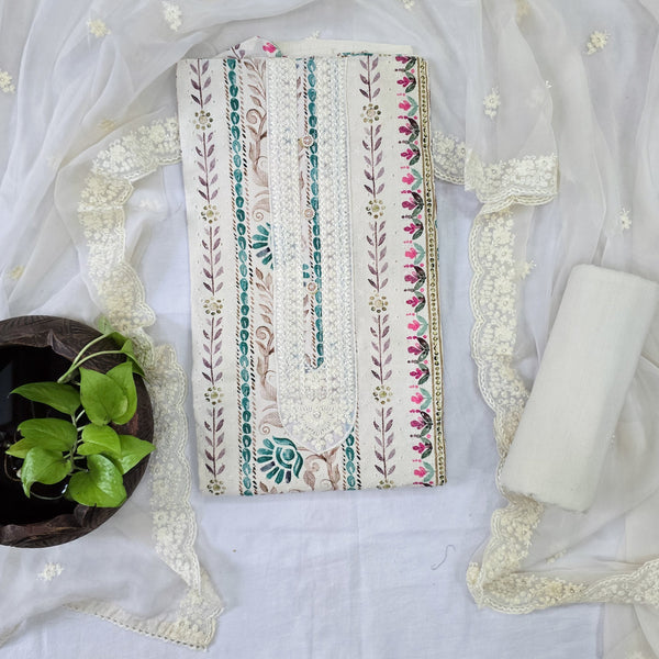 RANISA-Pure Cotton Hakoba With Heavy Neck Design Top Off White Cotton Bottom And Organza Emboiderey Work  Dupatta Suit