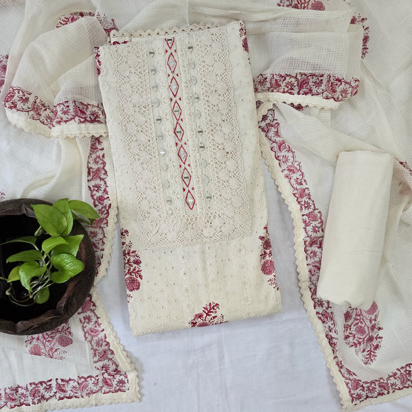 RANISA-Pure Cotton Off White With Pink Flower Motif Hakoba With Heavy Neck Design Top Off White Cotton Bottom And  Emboiderey Lace kota Dori  Dupatta Suit