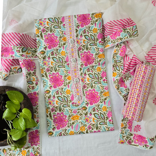 RANISA-Pure Cotton Pink Flower And Neck Design Yoke Top And Pure Cotton Border Bottom And Cotton Dupatta