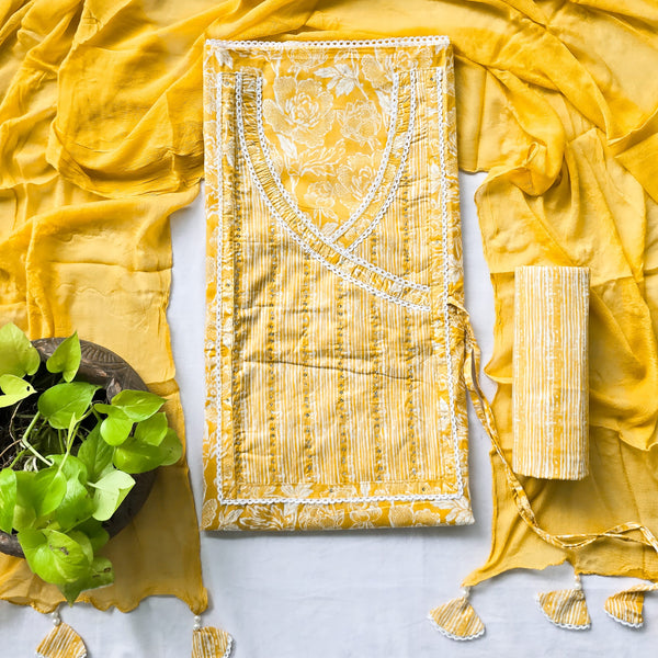 RANISA-Pure Cotton Yellow Design Yoke  Top And Cotton Stripes Bottom And Chiffon Dupatta