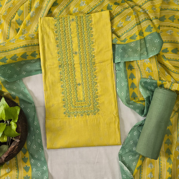 RANISA-Pure Cotton Yellow With Emboiderey Yoke Top And Plain Mahindi Green Bottom And Cotton Dupatta