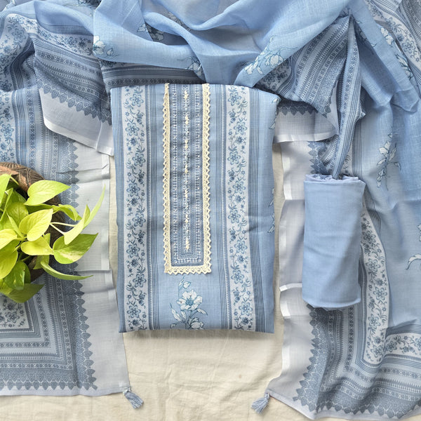 RANISA-Soft Jute With Sky Blue  Flower Neck Design Suit