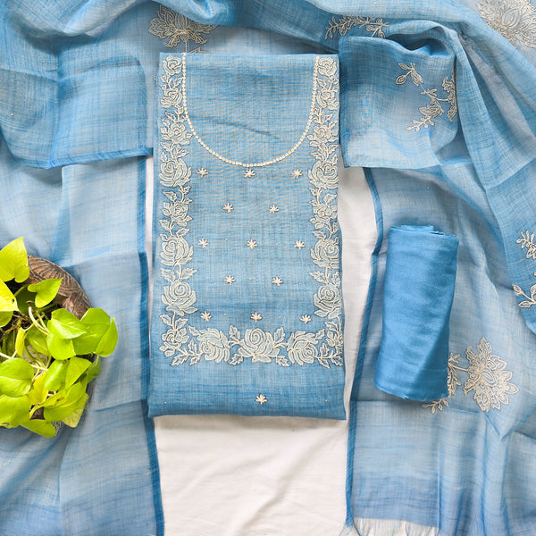 RANISA-Tissue Blue With Embroidery Heavy Yoke Top And Rayon Bottom And Tissue Dupatta