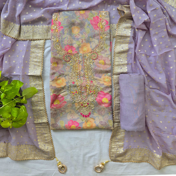 RANISA-Tissue Purple Floral With Heavy Aari Work And Plain Rayon Bottom And Heavy Brocade Dupatta