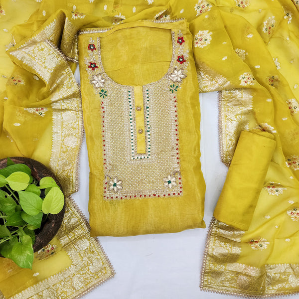 RANISA-Tissue Yellow With Heavy Aari Work Yoke Top And Rayon Yellow Bottom And Brocade Dupatta