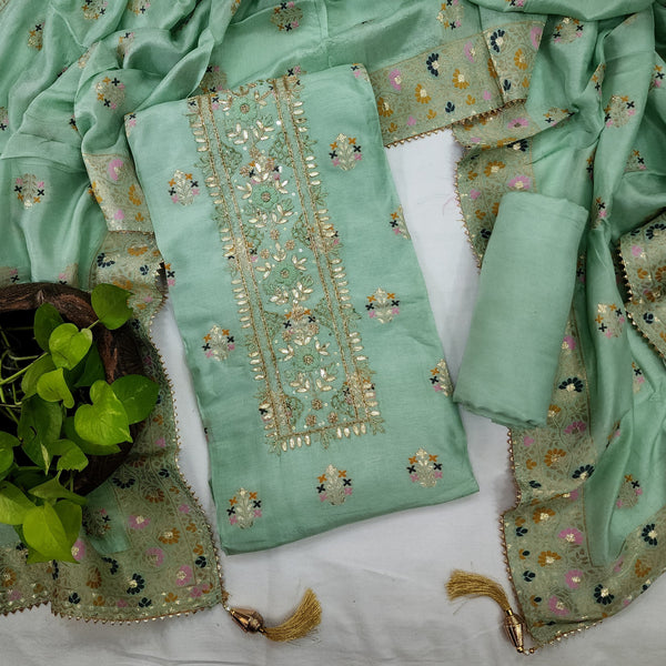 RASHIDA-Cotton Silk Mint Green With Aari Work Neck Design Top And Mint Green Rayon Bottom And Chandari With Border Dupatta Unstitched Suit