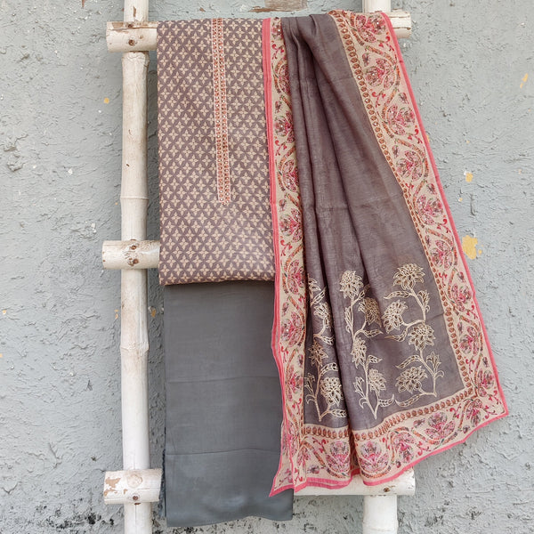 RESHAM- Cotton Silk Grey Top And Rayon Plain Bottom And Cotton Silk Dupatta