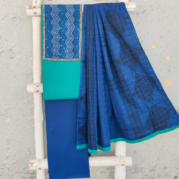 RITIKA-Pure Cotton Blue Plain With Indigo Emboriderey Yoke Top And Dark Blue Plain Bottom And Cotton Dupatta