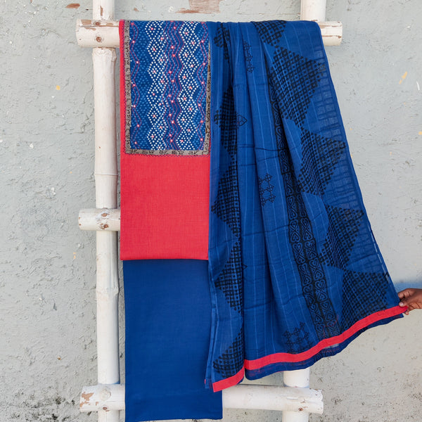 RITIKA-Pure Cotton Dark Peach Plain With Indigo Emboriderey Yoke  Top And Blue Plain Bottom Cotton Dupatta