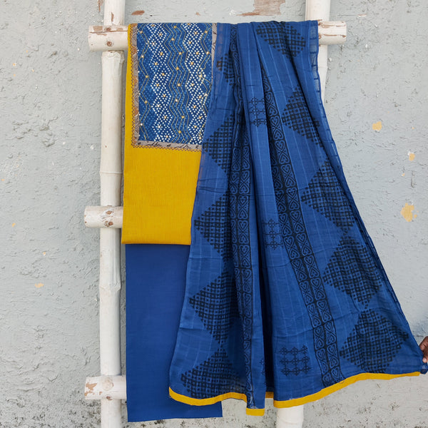 RITIKA-Pure Cotton Mustard Plain With Indigo Emboriderey Yoke Top And Dark Blue Plain Bottom And Cotton Dupatta