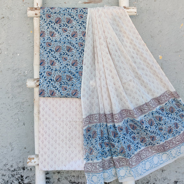 ROZAN -Pure Cotton Blue With Grey Lotus Jaal And White With Grey Bottom And Cotton Dupatta