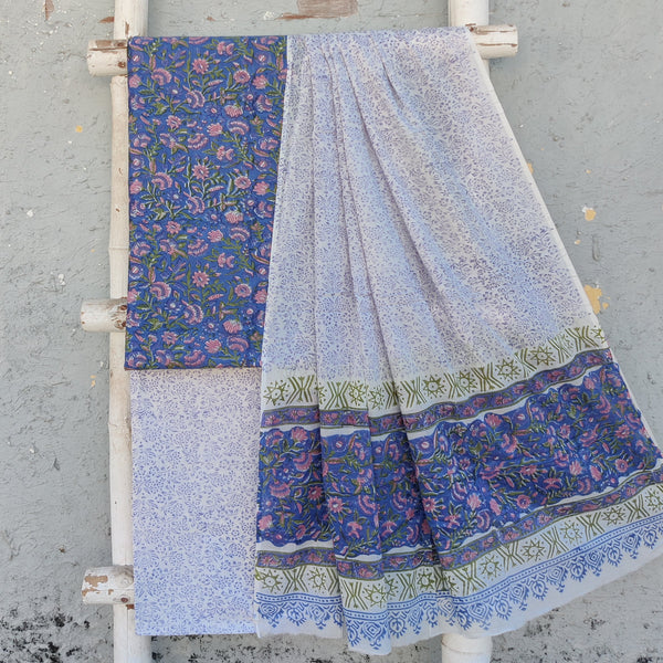 ROZAN -Pure Cotton Blue With Pink Flower Jaal Top And White With Blue Bottom And Cotton Dupatta