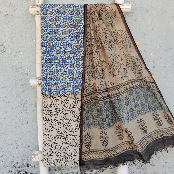 ROZAN -Pure Cotton Dabu Blue With Black Lotus Flower Jaal Top And Cream With Black Bottom And Kota Dupatta