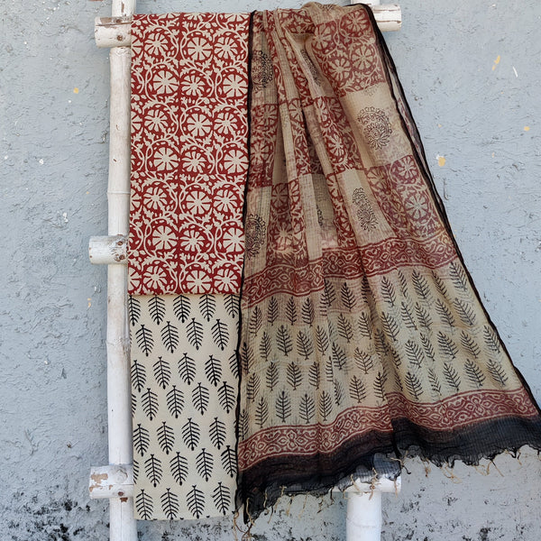 ROZAN -Pure Cotton Dabu Brown With Cream Flower Jaal Top And Cream With Black Bottom And Kota Dupatta