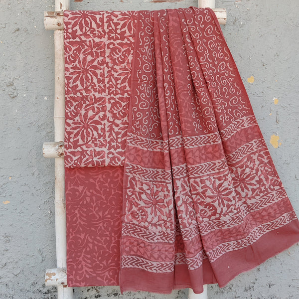 ROZAN -Pure Cotton Dark Peach With Intricate Design Of White Top And Dark Peach Cotton Bottom And Cotton Dupatta