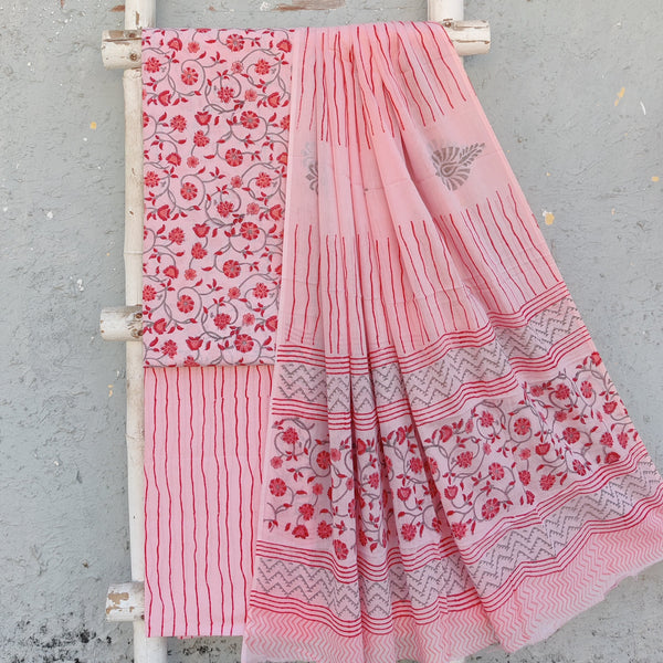 ROZAN -Pure Cotton Light Pink With Red And Orange Flower Jaal Top And Light Pink With Red Stripes Bottom And Cotton Dupatta