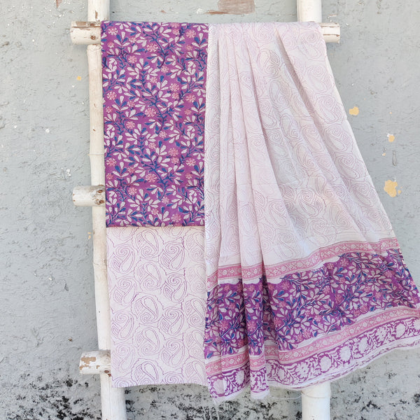 ROZAN -Pure Cotton Purple With Blue And White Flower Creeper And White And Purple Bottom And Cotton Dupatta