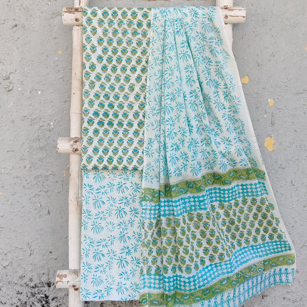 ROZANA -Pure Cotton White With Blue And Green Flower Motif Top And White And Blue Flower Bottom And Cotton Dupatta