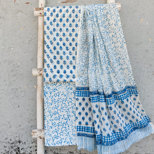 ROZAN -Pure Cotton White With Blue Flower Motif Top And White And Blue Jaal Bottom And Cotton Dupatta