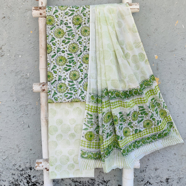 ROZAN -Pure Cotton White With Green Big Flower Jaal Top And White And Green  Bottom And Cotton Dupatta