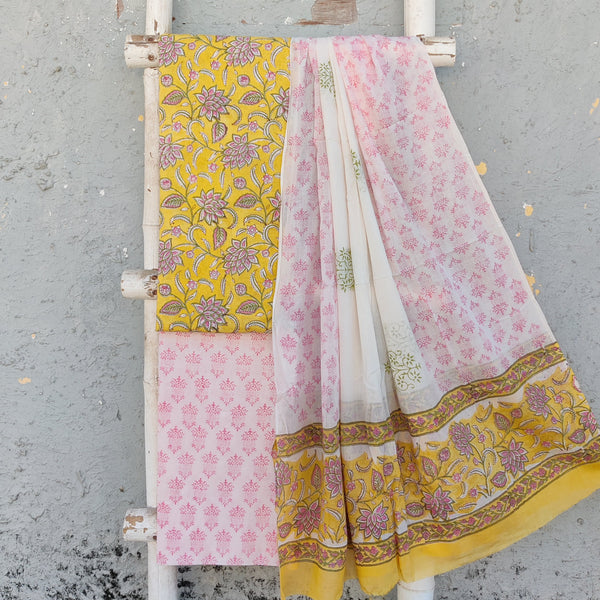 ROZAN -Pure Cotton Yellow With Pink And Green Flower Jaal Top And White With Pink Bottom And Cotton Dupatta