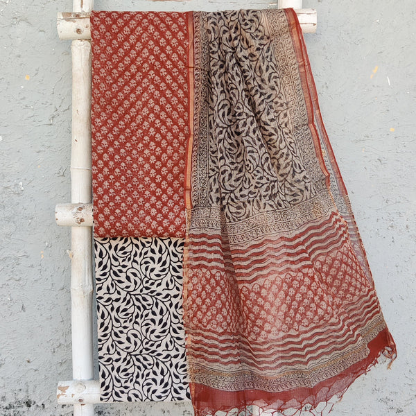 ROZANA- Kota Rust Red Intricate Design Top And Cotton Bottom And Kota Dupatta