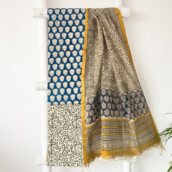 ROZANA-Pure Cotton Bagru Blue With Mustard And Cream Suit