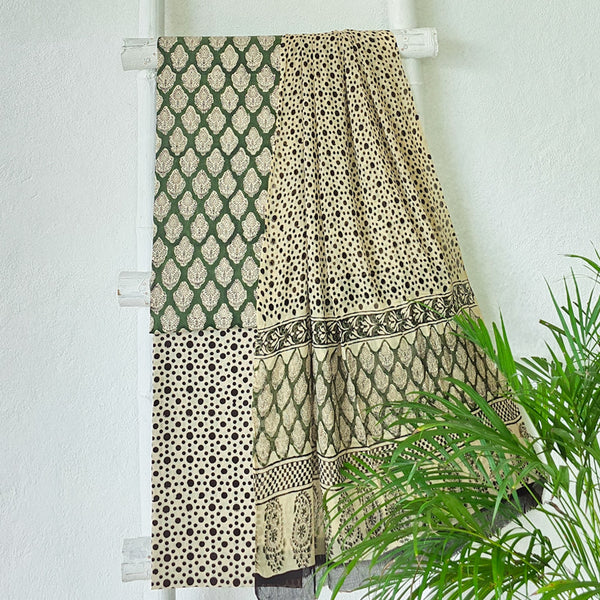 ROZANA-Pure Cotton Bagru Dark Green With Cream Flower Motif Top And Cream With Black Bottom And  Chiffon  Dupatta