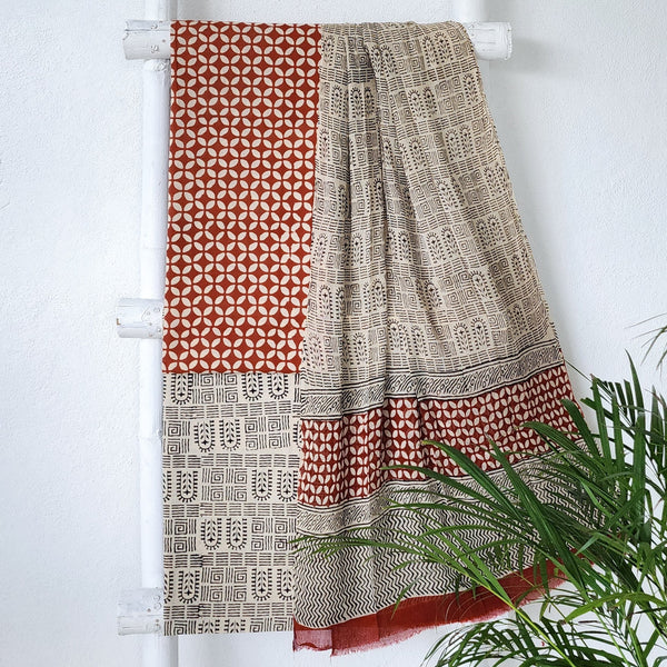 ROZANA-Pure Cotton Bagru Rust Red With Cream Flower Design Top And Cream With Black Bottom And Chiffon Dupatta