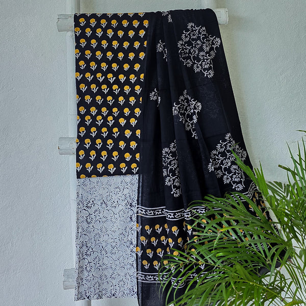 ROZANA-Pure Cotton Black With Yellow Flower Design Top White With Black Bottom And Cotton Dupatta