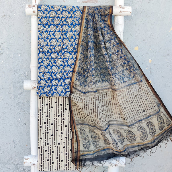 ROZANA-Pure Cotton Blue With Cream Flower Jaal Top And Cream And Black Bottom And Kota Dupatta