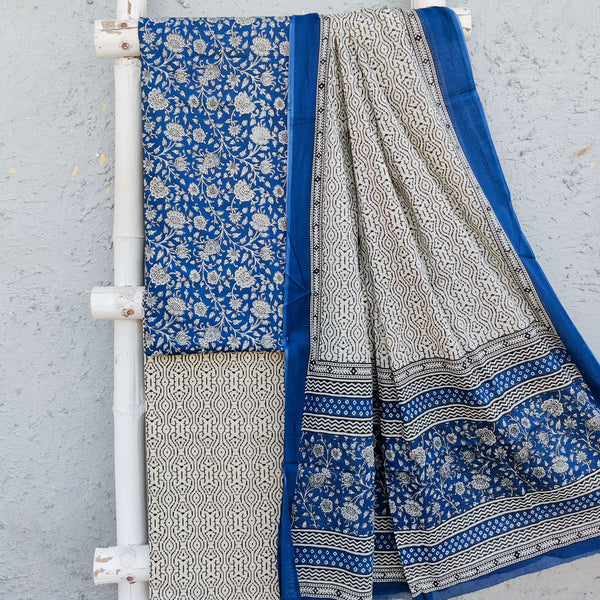 ROZANA-Pure Cotton Blue With Cream Flower Jaal Top And Cream Bottom And Cotton Dupatta