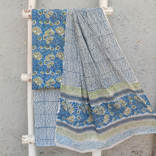 ROZANA-Pure Cotton Blue With Dark Blue And Green Rose Jaal  Top And White And Blue Bottom And Cotton Dupatta