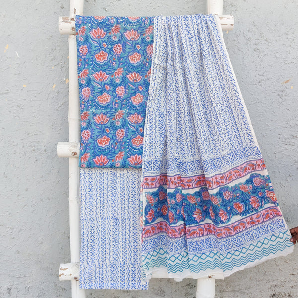 ROZANA-Pure Cotton Blue With Pink And Orange Lotus Jaal Top And White And Blue Bottom And Cotton Dupatta