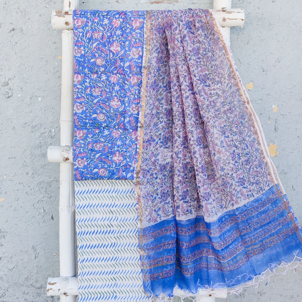 ROZANA-Pure Cotton Blue With Pink Flower Jaal  Top And White With Blue And Green Bottom And Kota Dupatta