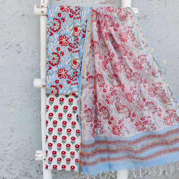 ROZANA-Pure Cotton Blue With Red Wild Jungle Flower Jaal Top And White With Red Flower Motif Bottom And Kota Dupatta