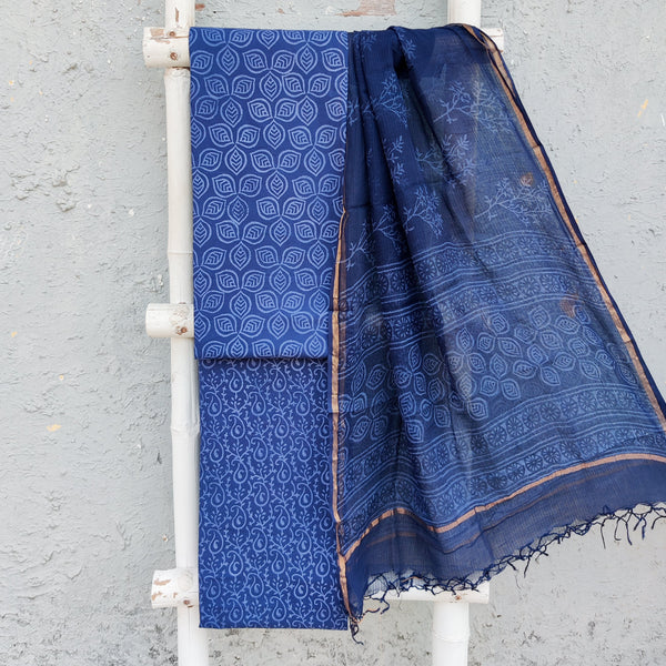 ROZANA-Pure Cotton Blue With Self Intericate Leaves Design Top And Blue Bottom And Kota Dupatta