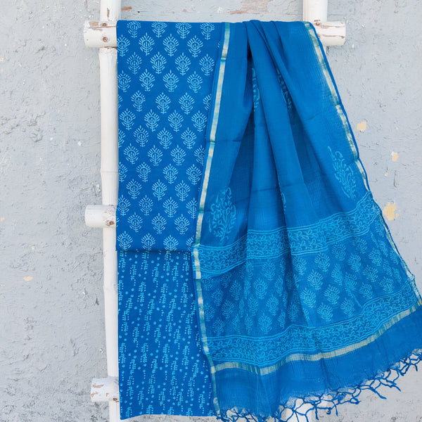 ROZANA-Pure Cotton Blue With Self Intricate Leaves Motifs Top And Blue Self Intricate Design Bottom With Kota Dupatta