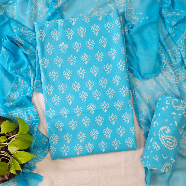 ROZANA-Pure Cotton Blue With White Flower Motif Top And Pure Cotton Bottom Blue And White And Chiffon Dupatta Suit