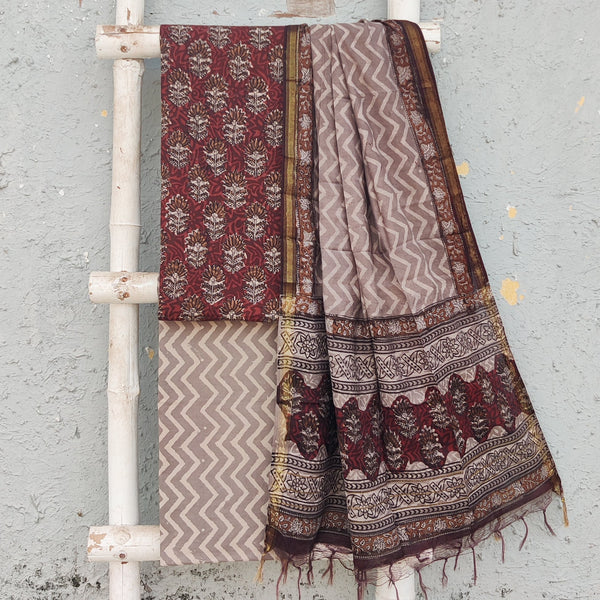 ROZANA-Pure Cotton Brown With Grey Flower Motif Top And Cream With Grey Zig-Zag Bottom And Linen Dupatta