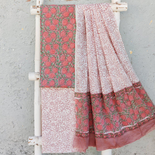 ROZANA-Pure Cotton Chicku Brown With Peach Wild Flower Jaal Top With White Bottom And Cotton Dupatta