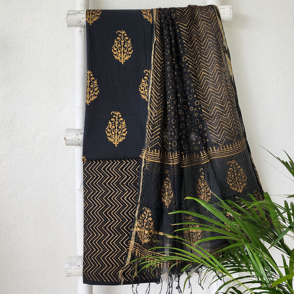 ROZANA-Pure Cotton Dabu Black With Golden Big Motif And Black With Golden Bottom And  Kota Dori Dupatta