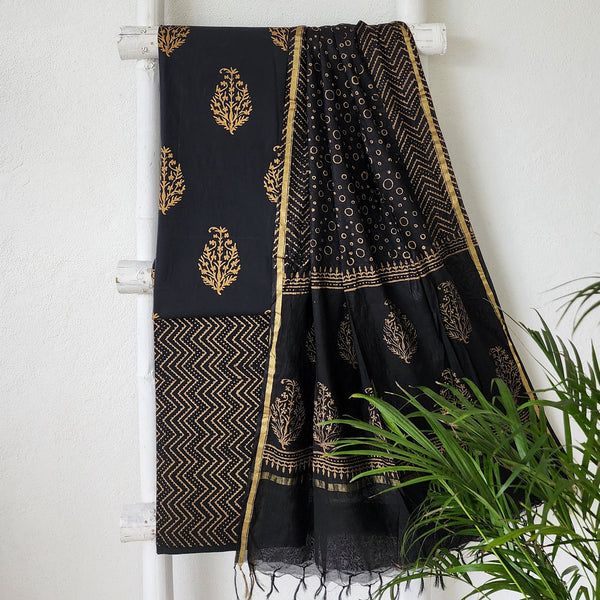 ROZANA-Pure Cotton Dabu Black With Golden Big Motif And Black With Golden Bottom And Chanderi Dupatta